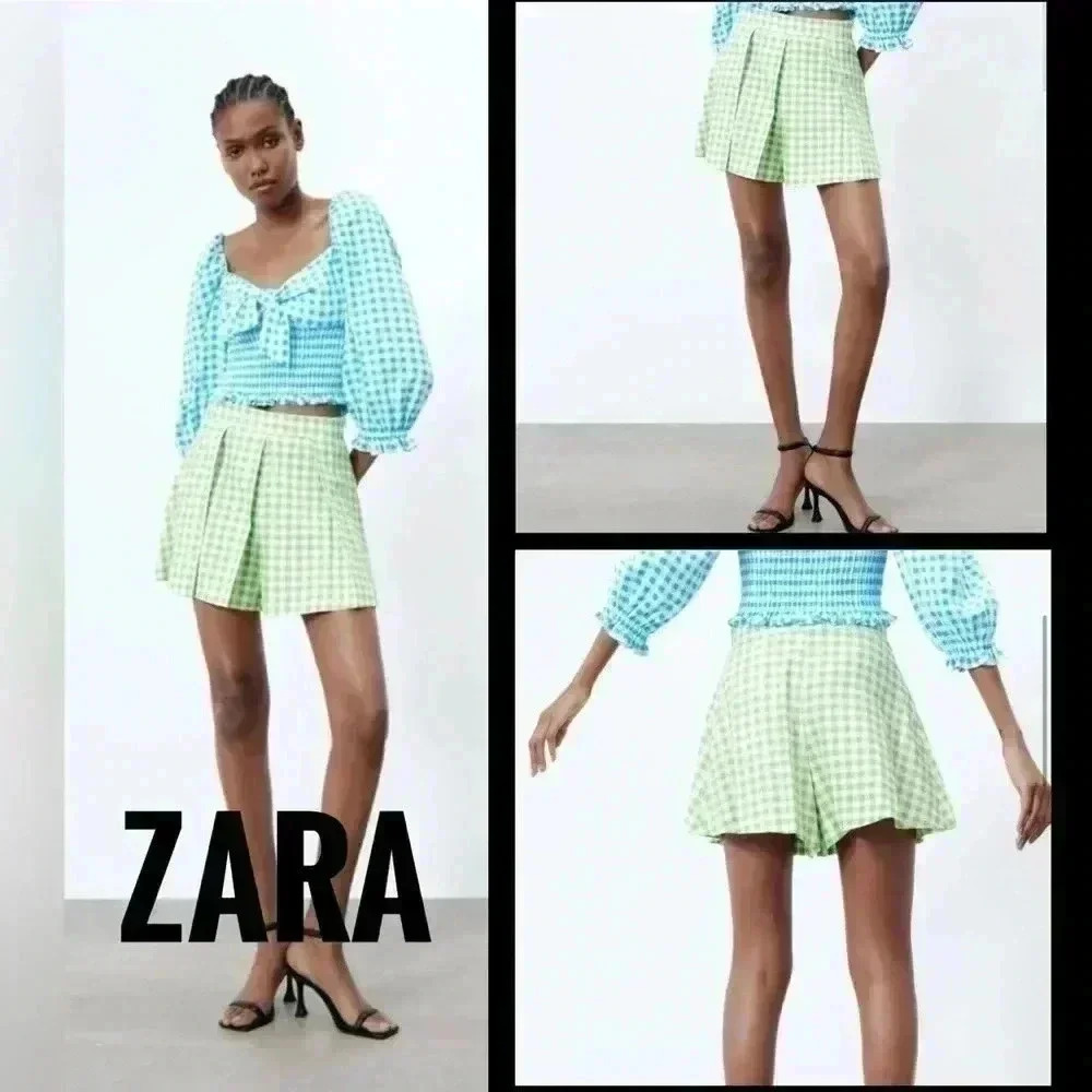 BNWOT Zara white green linen blend high rise  gingham shorts L